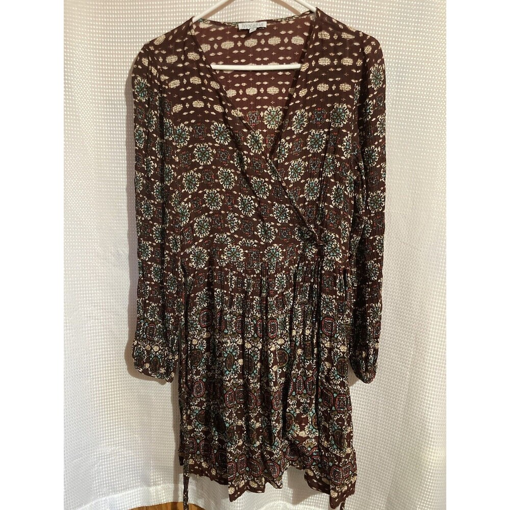 Patrons Of Peace Medium Tulip Wrap Burgundy Brown Printed Boho Long Sleeve Dress